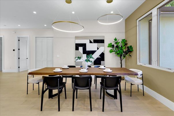 Dining room, Interior, Pendant Lights, Recessed Lighting, Wood Texture Flooring