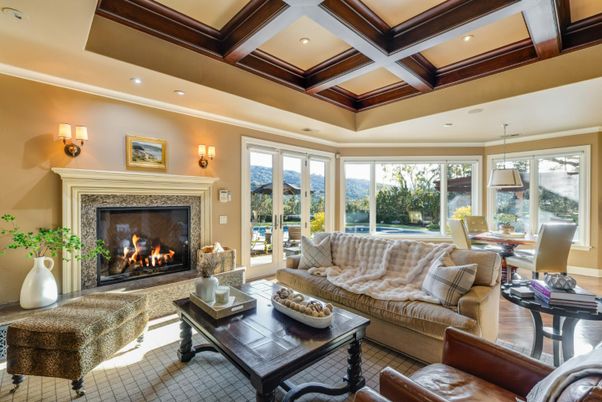 Dining room, Fireplace, Interior, Living room, Pendant Lights, Recessed Lighting, Wood Texture Flooring