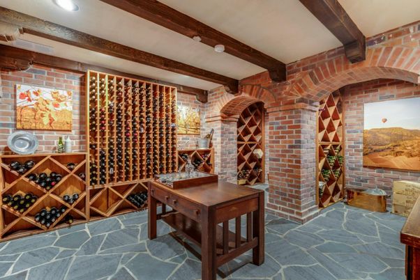 Interior, Recessed Lighting, Stone Walls, Wine Storage, Wooden Beams