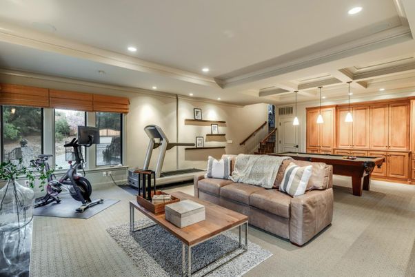 Billiard Table, Fitness Equipment, Game Room, Interior, Living room, Pendant Lights, Recessed Lighting
