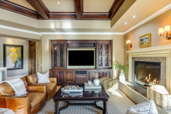 Fireplace, Interior, Living room, Recessed Lighting, Wooden Beams