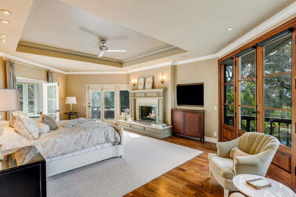 Bedroom, Fireplace, Interior, Recessed Lighting, Wood Texture Flooring