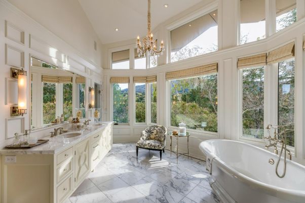 Bathroom, Chandelier, Dual Sink Vanities, Free Standing Baths, Interior, Marble, Recessed Lighting