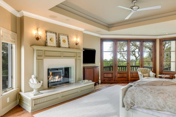 Bedroom, Fireplace, Interior, Recessed Lighting, Wood Texture Flooring