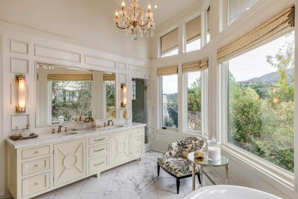 Bathroom, Chandelier, Dual Sink Vanities, Interior, Marble
