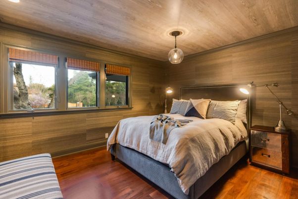Bedroom, Interior, Pendant Lights, Wooden Ceilings, Wood Texture Flooring, Wooden Walls