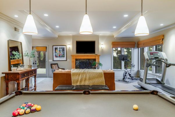 Billiard Table, Fireplace, Fitness Equipment, Game Room, Interior, Pendant Lights, Recessed Lighting