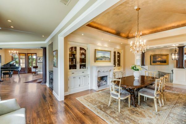 Chandelier, Dining room, Fireplace, Interior, Piano, Recessed Lighting, Wood Texture Flooring