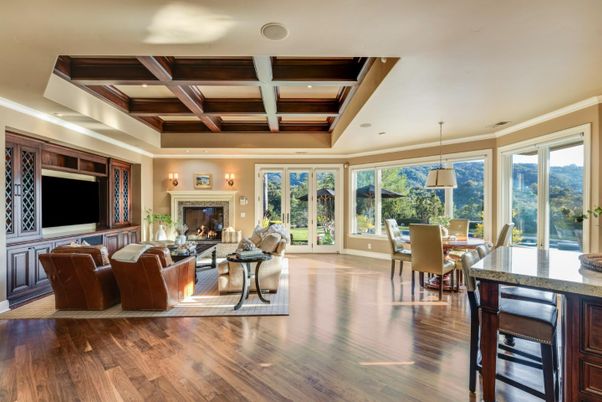 Dining room, Fireplace, Interior, Living room, Pendant Lights, Recessed Lighting, Wooden Beams, Wood Texture Flooring