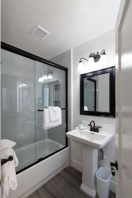 Bathroom, Glass Shower, Interior, Wood Texture Flooring