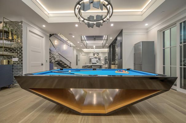 Billiard Table, Chandelier, Game Room, Interior, Pendant Lights, Recessed Lighting, Wine Storage, Wood Texture Flooring