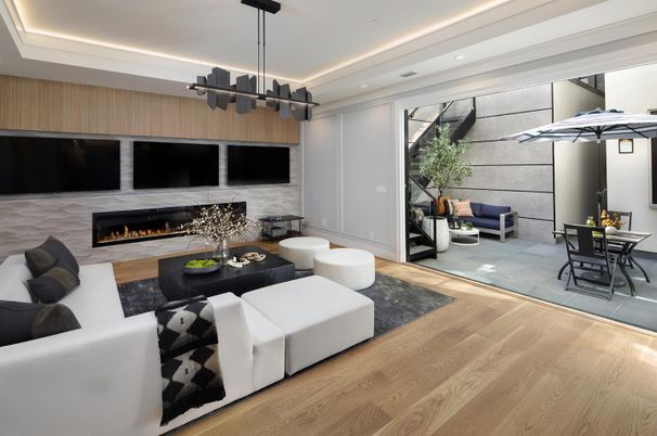 Dining room, Fireplace, Interior, Living room, Pendant Lights, Recessed Lighting, Wood Texture Flooring