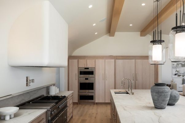 Interior, Kitchen, Pendant Lights, Recessed Lighting, Stainless Steel Appliances, Wooden Beams, Wood Texture Flooring