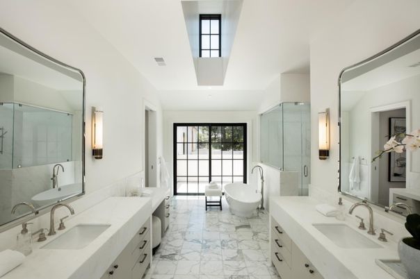 Bathroom, Dual Sink Vanities, Free Standing Baths, Glass Shower, Interior, Marble, Recessed Lighting