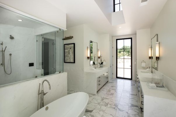 Bathroom, Dual Sink Vanities, Glass Shower, Interior, Marble, Marble Walls, Recessed Lighting