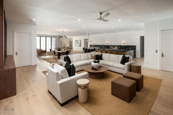Dining room, Interior, Living room, Pendant Lights, Recessed Lighting, Wood Texture Flooring