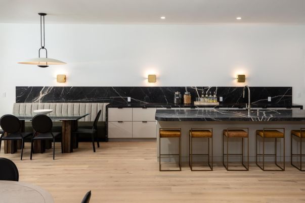 Interior, Marble Walls, Pendant Lights, Recessed Lighting, Wood Texture Flooring