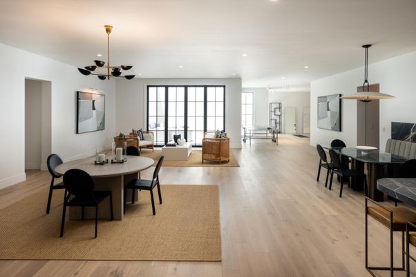 Dining room, Interior, Living room, Pendant Lights, Recessed Lighting, Wood Texture Flooring
