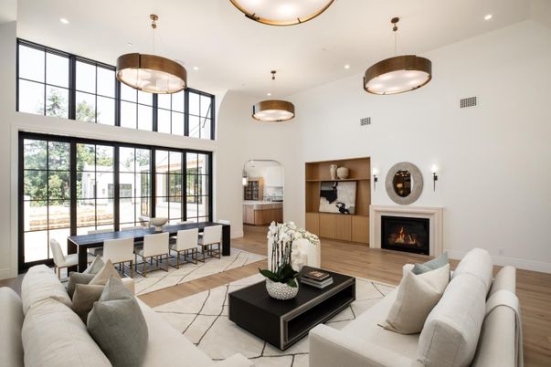 Dining room, Fireplace, Interior, Living room, Pendant Lights, Recessed Lighting, Wood Texture Flooring