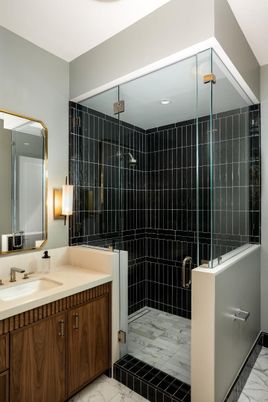 Bathroom, Glass Shower, Interior, Marble, Recessed Lighting