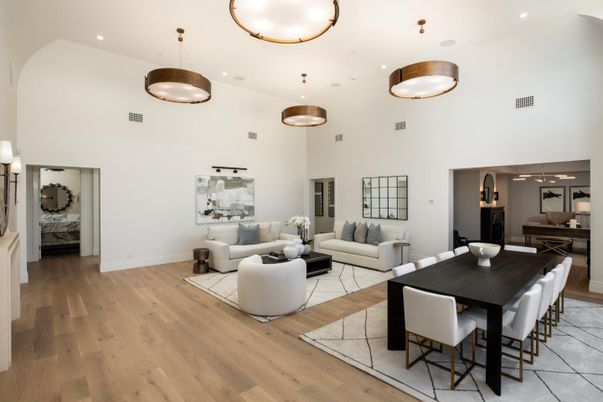 Dining room, Interior, Living room, Pendant Lights, Recessed Lighting, Wood Texture Flooring