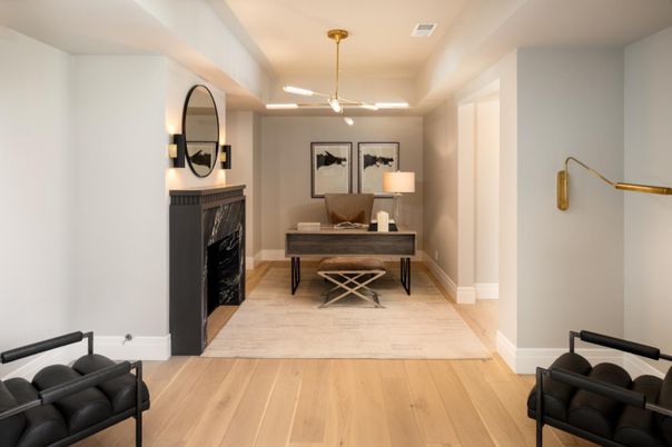 Fireplace, Home Office, Interior, Pendant Lights, Wood Texture Flooring