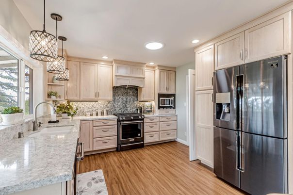 Interior, Kitchen, Pendant Lights, Recessed Lighting, Stainless Steel Appliances, Wood Texture Flooring