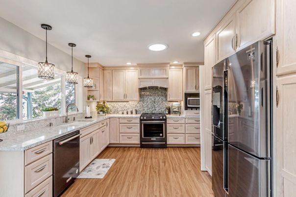 Interior, Kitchen, Pendant Lights, Recessed Lighting, Stainless Steel Appliances, Wood Texture Flooring