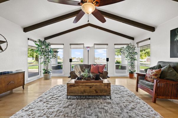 Dining room, Interior, Living room, Pendant Lights, Wooden Beams, Wood Texture Flooring