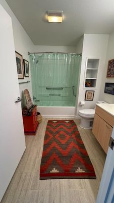 Bathroom, Glass Shower, Interior, Recessed Lighting, Wood Texture Flooring