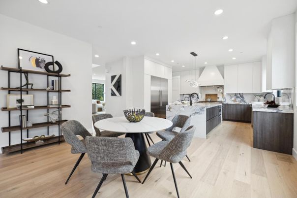 Dining room, Interior, Kitchen, Pendant Lights, Recessed Lighting, Stainless Steel Appliances, Wood Texture Flooring