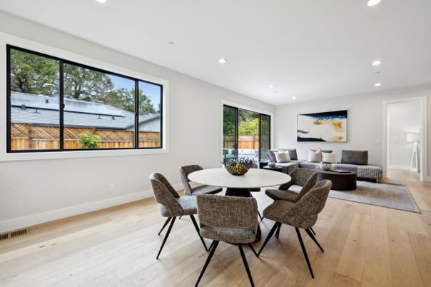 Dining room, Interior, Living room, Recessed Lighting, Wood Texture Flooring