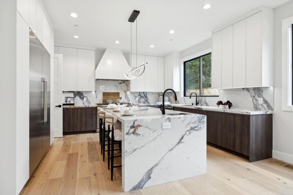 Interior, Kitchen, Marble Walls, Pendant Lights, Recessed Lighting, Stainless Steel Appliances, Wood Texture Flooring