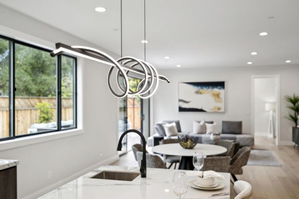 Dining room, Interior, Living room, Pendant Lights, Recessed Lighting, Wood Texture Flooring