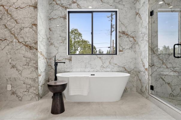 Bathroom, Free Standing Baths, Glass Shower, Interior, Marble, Marble Walls