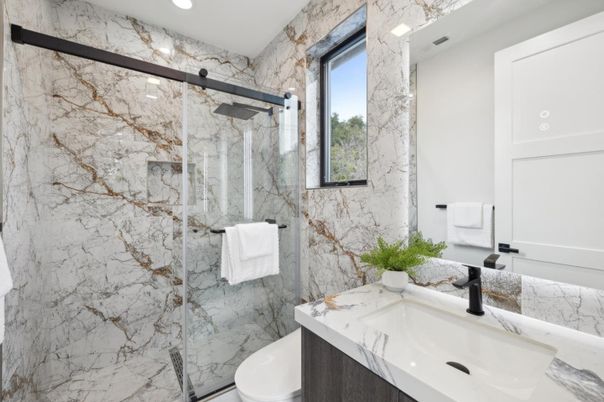 Bathroom, Glass Shower, Interior, Marble Walls, Recessed Lighting