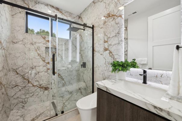 Bathroom, Glass Shower, Interior, Marble Walls