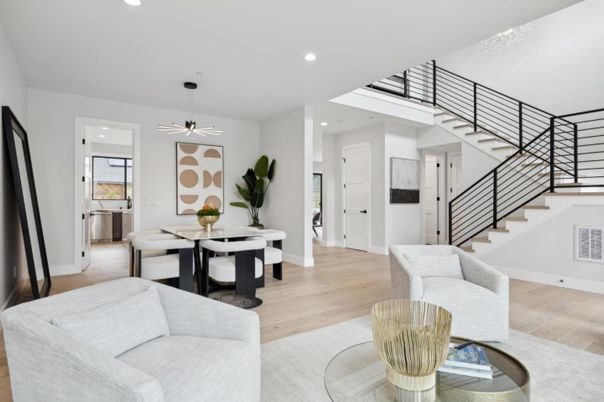 Dining room, Interior, Living room, Pendant Lights, Recessed Lighting, Wood Texture Flooring