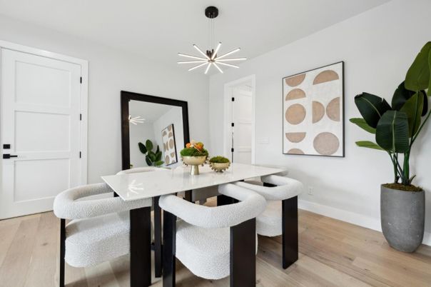 Dining room, Interior, Pendant Lights, Wood Texture Flooring