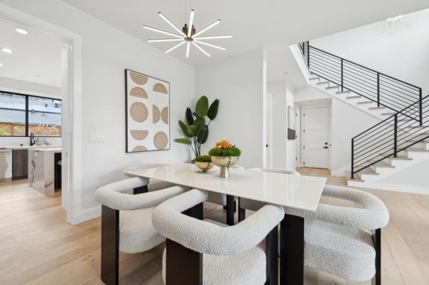 Dining room, Interior, Kitchen, Pendant Lights, Recessed Lighting, Wood Texture Flooring