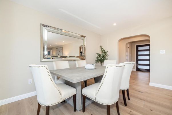 Dining room, Interior, Recessed Lighting, Wood Texture Flooring