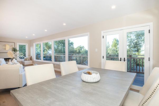 Dining room, Interior, Living room, Recessed Lighting, Wood Texture Flooring
