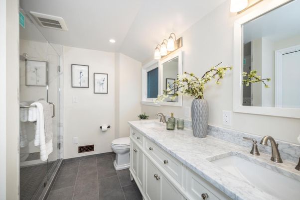 Bathroom, Dual Sink Vanities, Glass Shower, Interior, Recessed Lighting