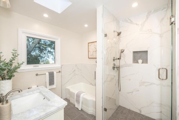 Bathroom, Glass Shower, Interior, Marble Walls, Recessed Lighting