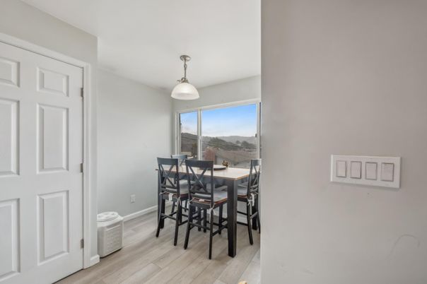 Dining room, Interior, Pendant Lights, Wood Texture Flooring