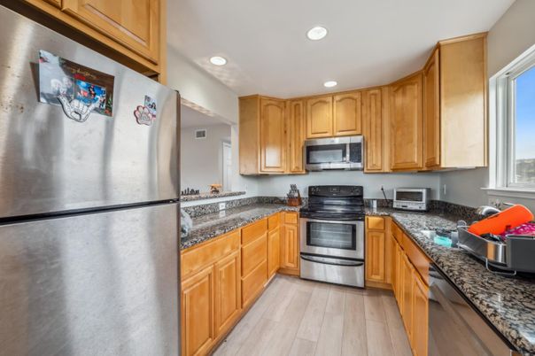 Interior, Kitchen, Recessed Lighting, Stainless Steel Appliances, Wood Texture Flooring