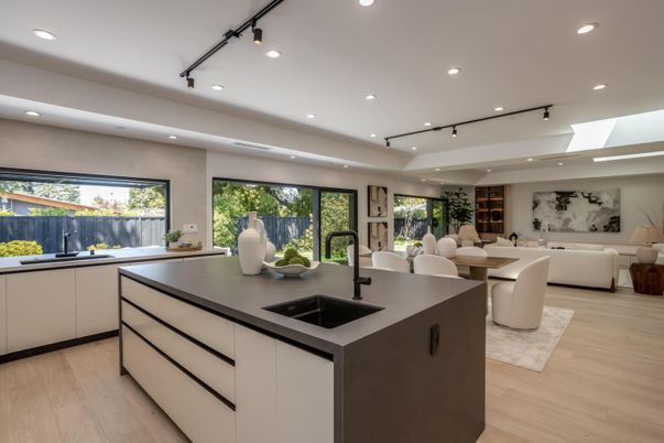 Dining room, Interior, Kitchen, Living room, Recessed Lighting, Wood Texture Flooring
