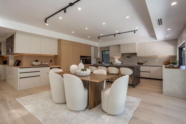 Dining room, Interior, Kitchen, Recessed Lighting, Stainless Steel Appliances, Wood Texture Flooring