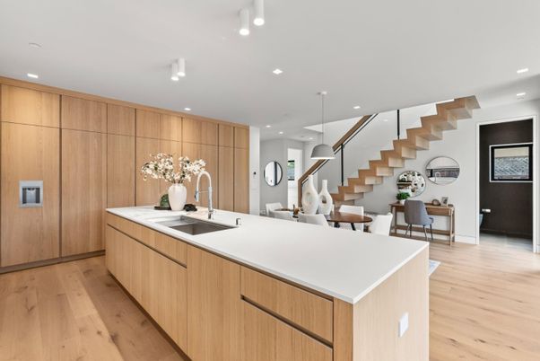 Dining room, Interior, Kitchen, Pendant Lights, Recessed Lighting, Wood Texture Flooring