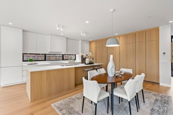 Dining room, Interior, Kitchen, Pendant Lights, Recessed Lighting, Stainless Steel Appliances, Wood Texture Flooring
